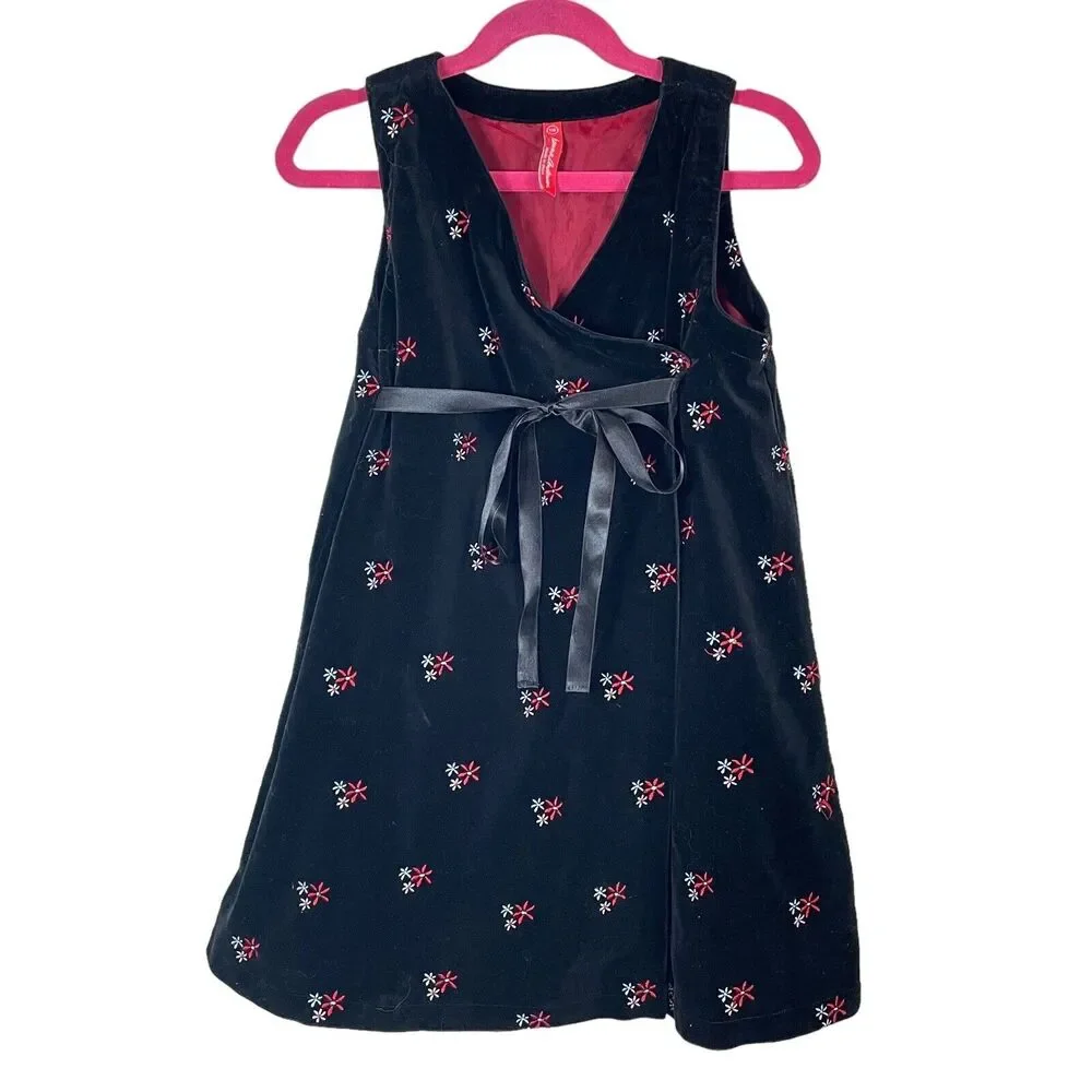 Hanna Andersson Black Velvet Embroidered Floral Wrap Pink Lined Dress Sz 5/110EU